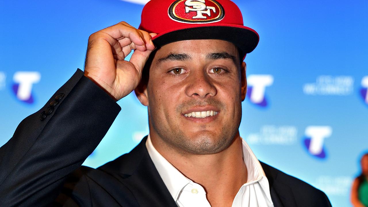 Jarryd Hayne's official San Francisco 49ers jersey sitting next to Colin  Kaepernick