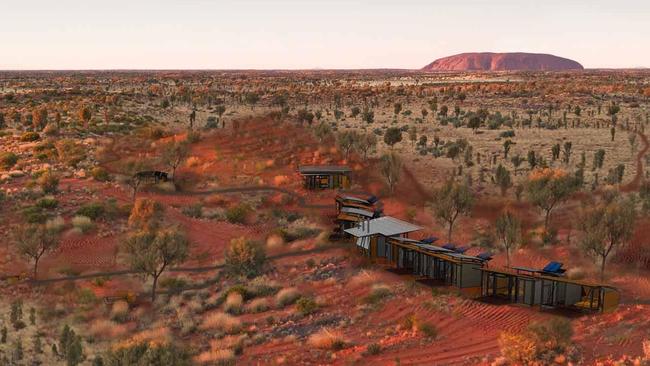 An artist’s impression of the route, views and accommodation part of the proposed Uluru Lodge Walk from the Australian Walking Company (AWC). Picture: Troppo Architects