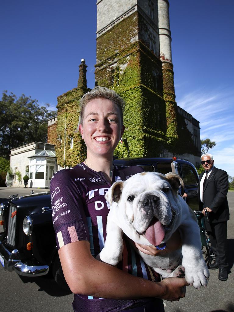 Molly Weaver riding for Trek-Drops Cycling at Carminow Castle, Crafers, with London Cars driver Mario Siciliano and a British Bulldog Wallace from Carminow Bulldogs. Picture: Sarah Reed