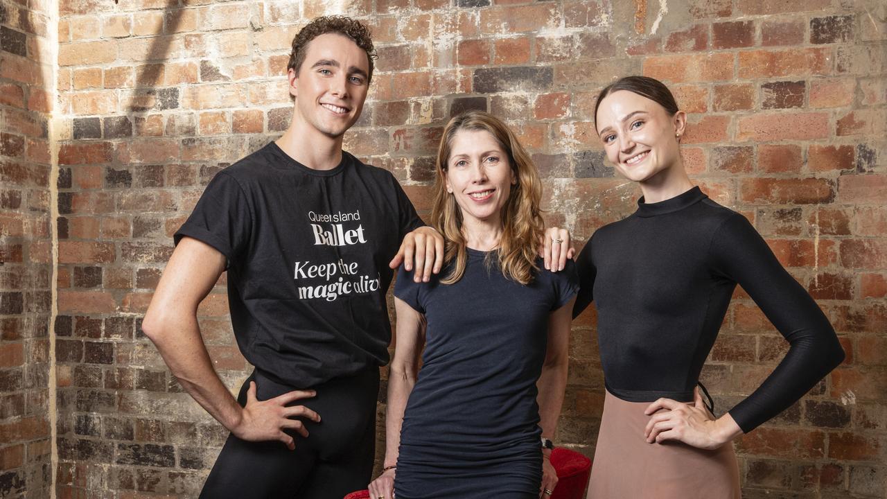 Queensland Ballet artistic director Leanne Benjamin with dancers Joshua Ostermann and Paige Rochester at Empire Theatre, Friday, March 1, 2024. Picture: Kevin Farmer