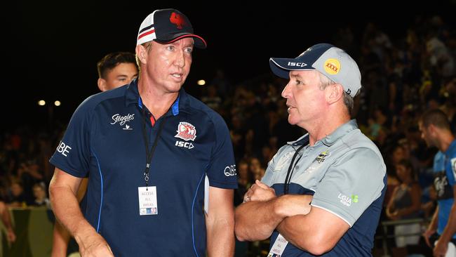 Roosters coach Trent Robinson and Paul Green at a trial match in 2017. Picture: Zak Simmonds