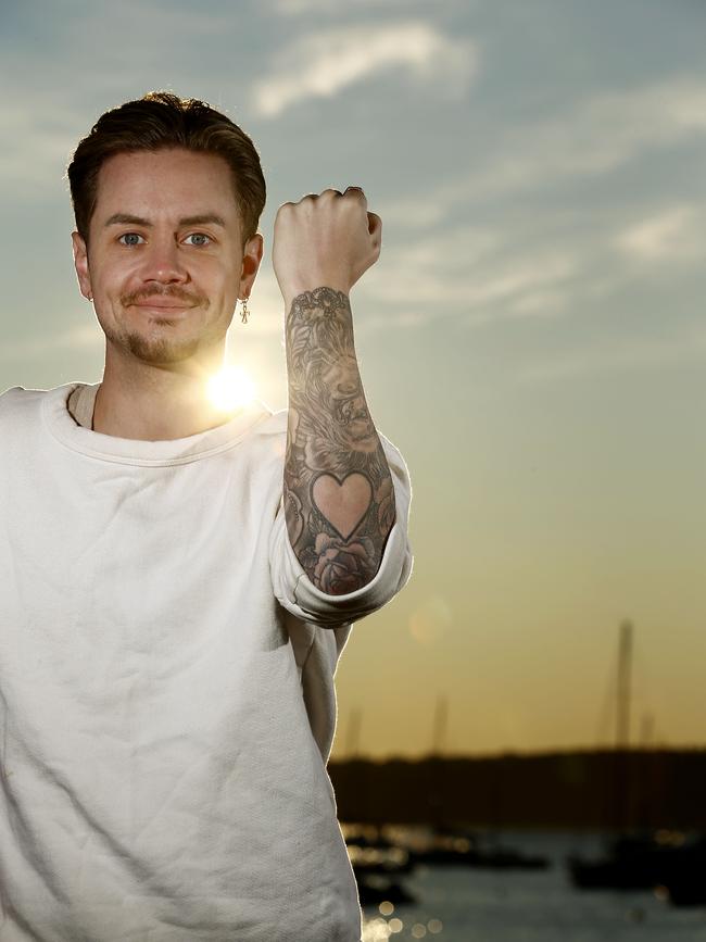 Mitch Wallis at Balmoral Beach. Mitch is the founder of Heart on My Sleeve, a Mental health initiative where people share their mental health stories for the benefit of others and themselves. Picture: John Appleyard