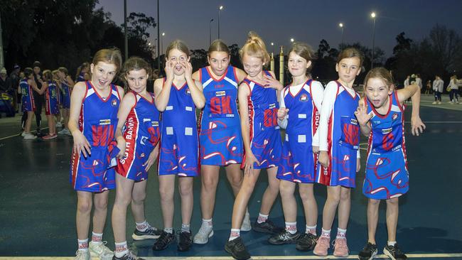 South Barwon Blue under-11 netball team pull their funniest faces. Picture: Alan Barber