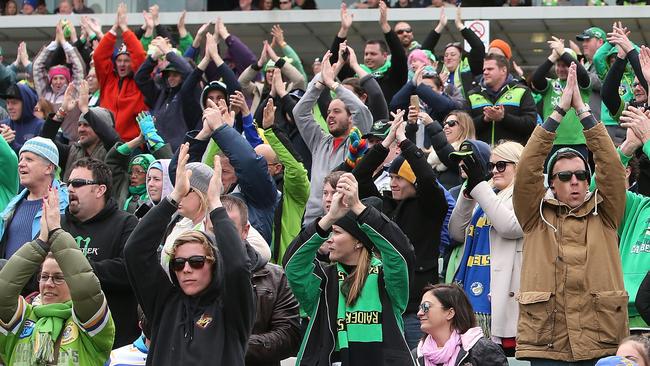 Raiders fans do the Viking clap before the game against the Eels. Picture: Kym Smith