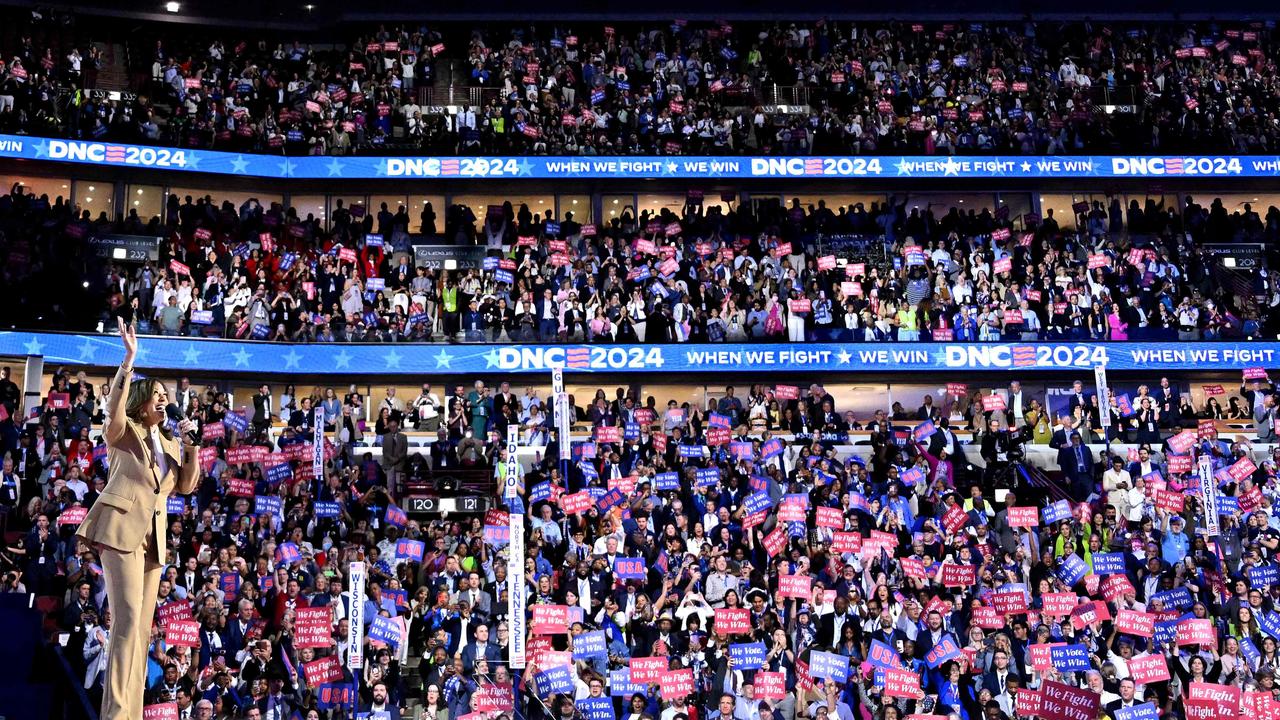 Kamala Harris speaking on stage on day one of the convention. Picture: Robyn Beck/AFP