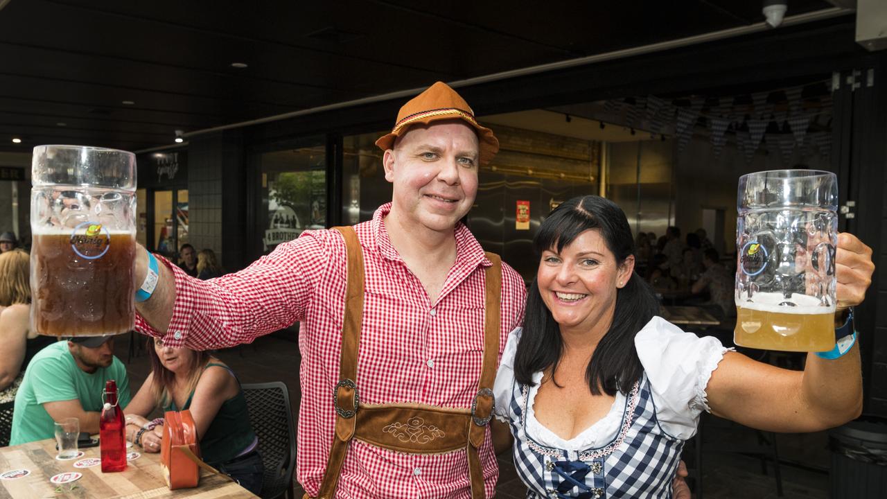 Nathan Price and Jude Ritchie at The Brewhouse as 4 Brothers Brewing and Konig's Biergarten Toowoomba join forces to celebrate Oktoberfest, Saturday, October 23, 2021. Picture: Kevin Farmer