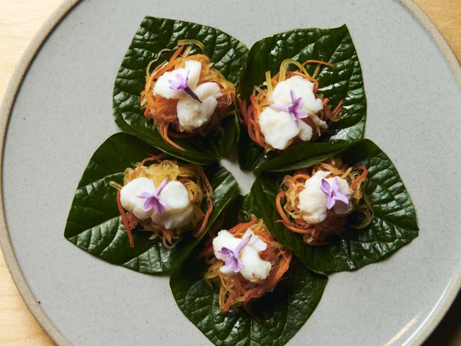 Tonka at NGV for Triennial EXTRA Moreton Bay Bug betel leaf with pickled green papaya and gingerPhoto: Eugene Hyland