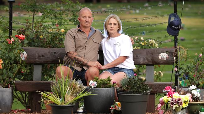 Grieving parents Marc and Anita Sertori’s son Charlie died when he was 18. He was buried at the Bendigo Cemetery. The authority which runs the cemetery has decided that virtually all decorations on or around graves must be removed. This includes solar lights and other keepsakes. Picture: David Caird