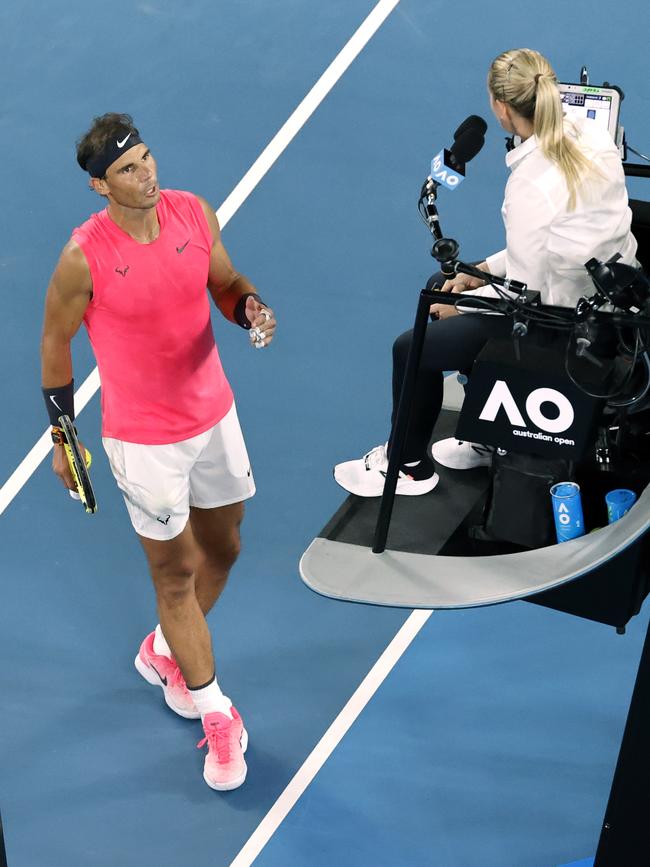 Nadal remonstrates with umpire Aurelie Tourte. Picture: AP