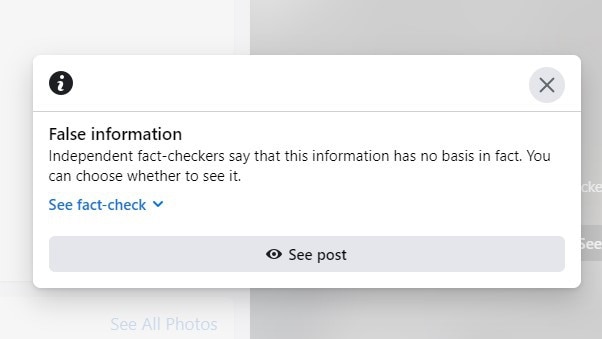 ‘Independent fact-checkers say that this information has no basis in fact.’ Picture: Facebook