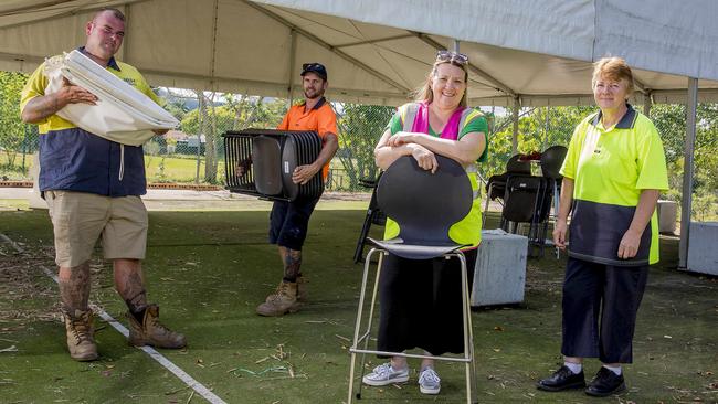 The crew at MEH Event Hire: Tom Wright, Reece Hart, Melisa Hopwood and Therese Wright. The business was one of many Australian outfits relying on JobKeeper to stay alive. Picture: Jerad Williams