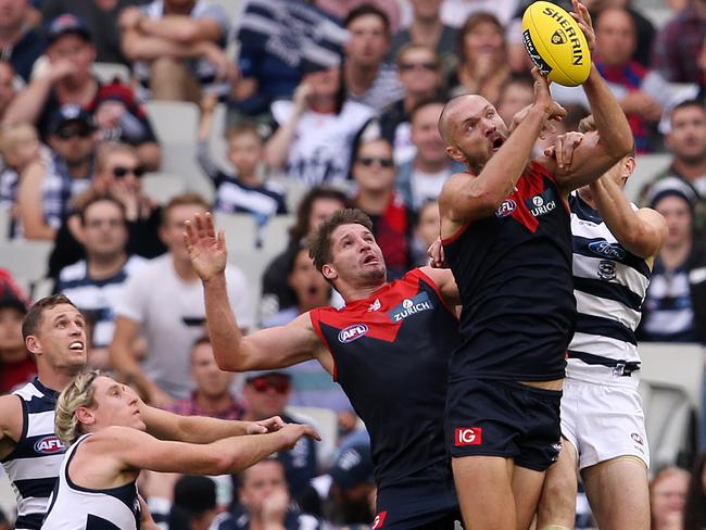 Max Gawn with the mark before his shot for goal. Picture: Michael Klein