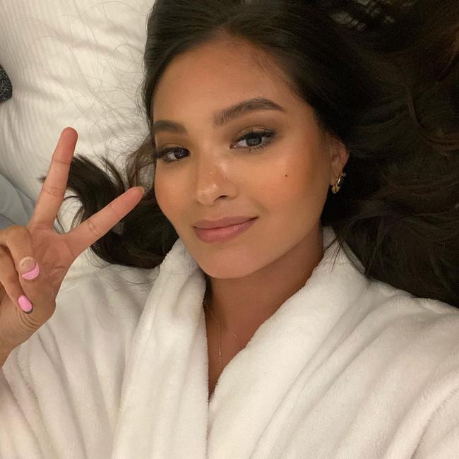 My isolation selfies are nowhere near as glam as Australian make-up artist Amelia Singson’s – but we are both fans of the same SPF product. Picture: Instagram