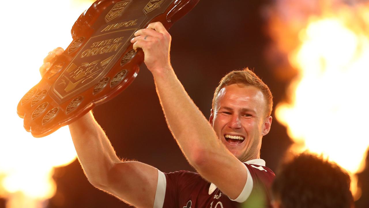 Daly Cherry-Evans of the Maroons celebrates winning game three of the 2020 series.