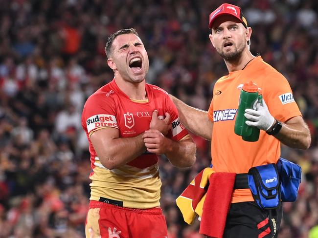 BRISBANE, AUSTRALIA - MARCH 24: Sean O'Sullivan of the Dolphins receives attention on the field during the round four NRL match between the Dolphins and Brisbane Broncos at Suncorp Stadium on March 24, 2023 in Brisbane, Australia. (Photo by Bradley Kanaris/Getty Images)