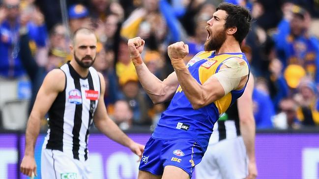 Josh Kennedy celebrates a goal against Collingwood.