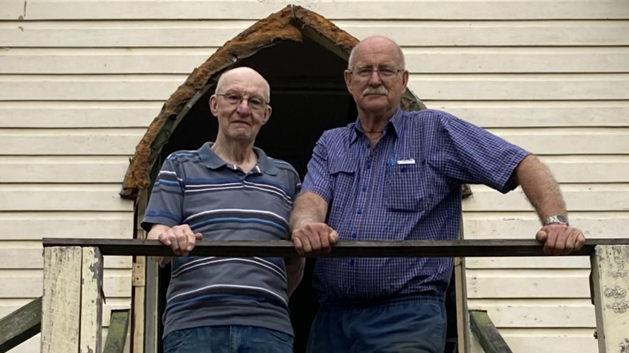 Zodiac Players Ian Wenzel and Peter Blyth in October 2022 at the Witham Theatre at Crescent St which they were fighting to keep from being sold off by Gympie Regional Council over another group’s unpaid rates bill.