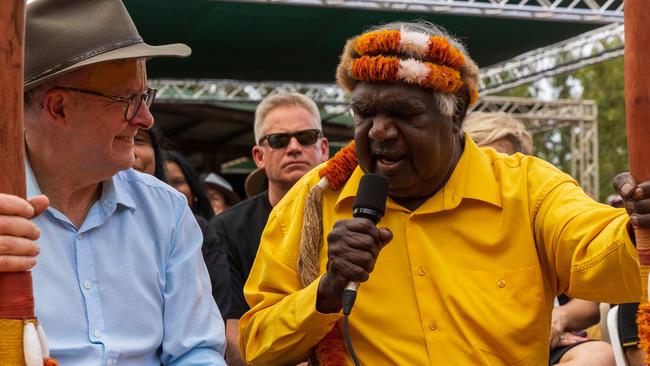 Prime Minister of Australia Anthony Albanese and Galarrwuy Yunupingu during the Garma Festival 2022. Picture: Tamati Smith/ Getty Images