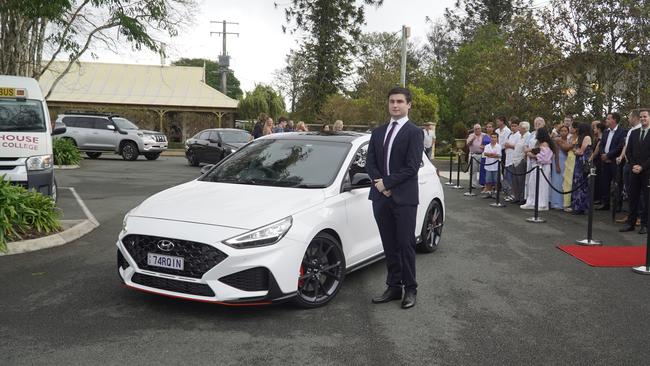 Students arriving in style for the 2024 Glasshouse Christian College formal at Flaxton Gardens.