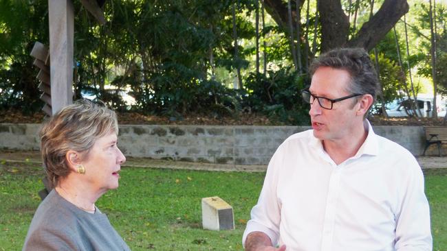 Australian Reinsurance Pool Corporation chairwoman Julie-Anne Schafer with Assistant Treasurer and Financial Services Minister Stephen Jones speaking in Townsville last year. Picture: Blair Jackson