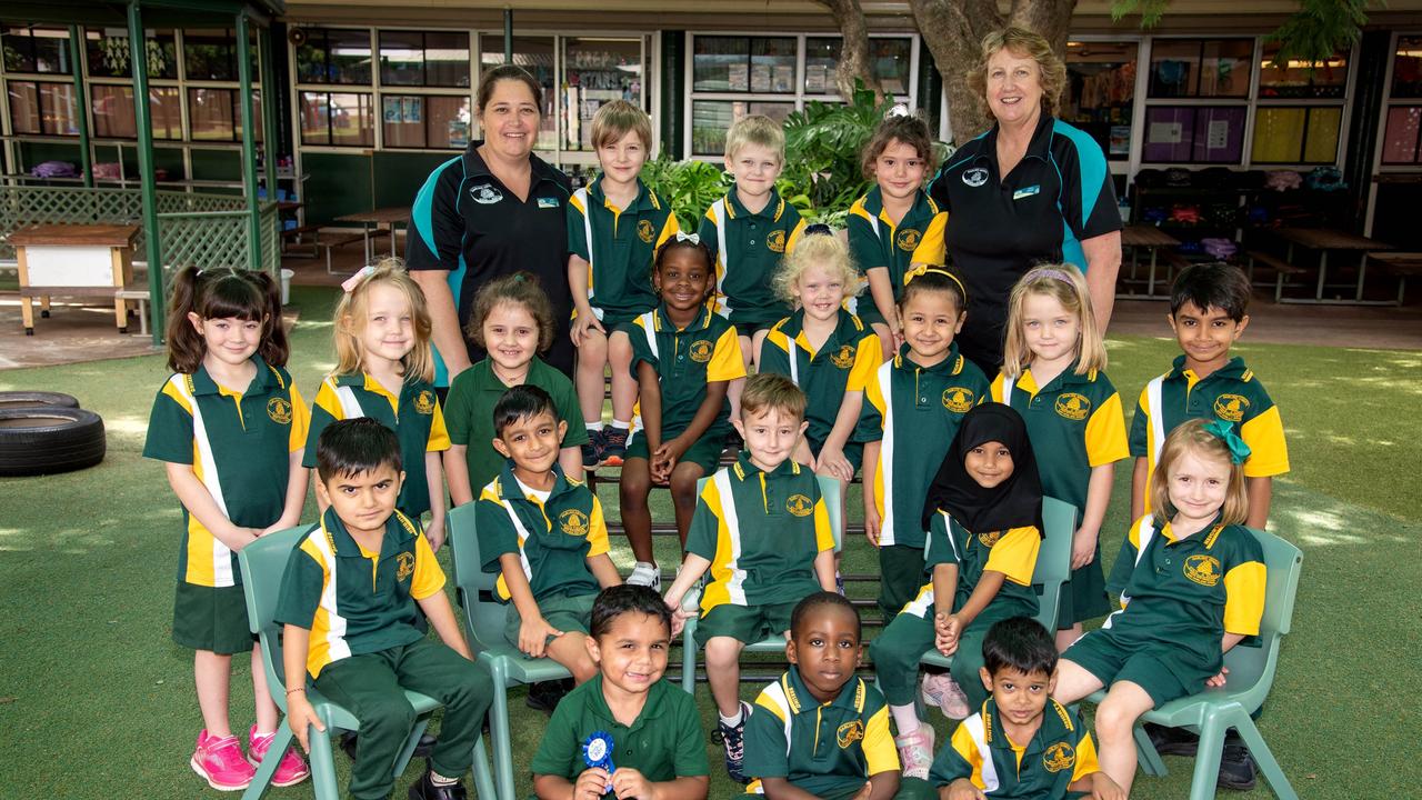 MY FIRST YEAR 2024: Darling Heights State School Prep W with teacher's aide Jodie Wiggins (left) and teacher Vicki Wright, February 2024. Picture: Bev Lacey