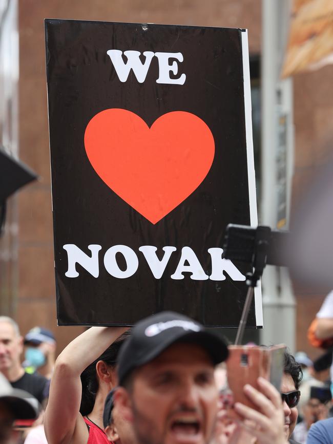 Supporters march in Sydney to protest the treatment of tennis star Novak Djokovic. He was no threat to us, he broke no rules or laws, yet he was vilified and deported. Picture: David Swift