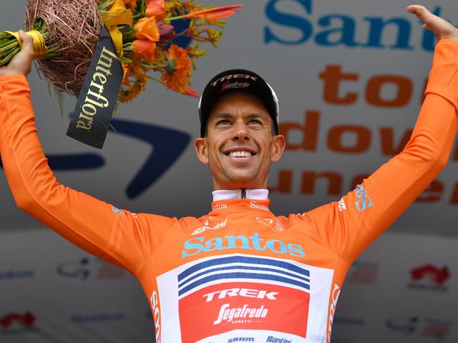 PARACOMBE, AUSTRALIA - JANUARY 23: Podium / Richie Porte of Australia and Team Trek-Segafredo Orange Leader Jersey / Celebration / during the 22nd Santos Tour Down Under 2020, Stage 3 a 131km stage from Unley to Paracombe 416m / TDU / @tourdownunder / #UCIWT / on January 23, 2020 in Paracombe, Australia. (Photo by Tim de Waele/Getty Images)