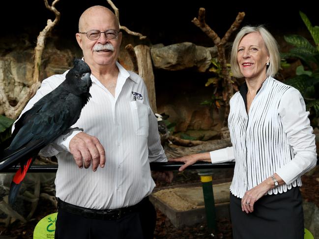 Charles and Pip Woodward with Holly the black cockatoo at the Cairns Dome. PICTURE: STEWART McLEAN