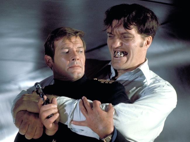 Richard Kiel, as Jaws, gets the drop on Roger Moore’s James Bond.