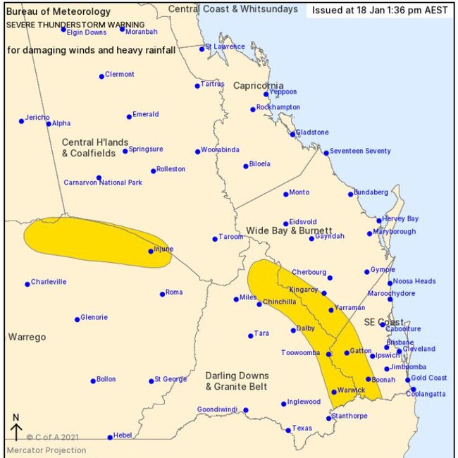 The Bureau of Meteorology issued a storm warning at 1.36pm today, warning that severe thunderstorms are developing across the southeast and central interior.