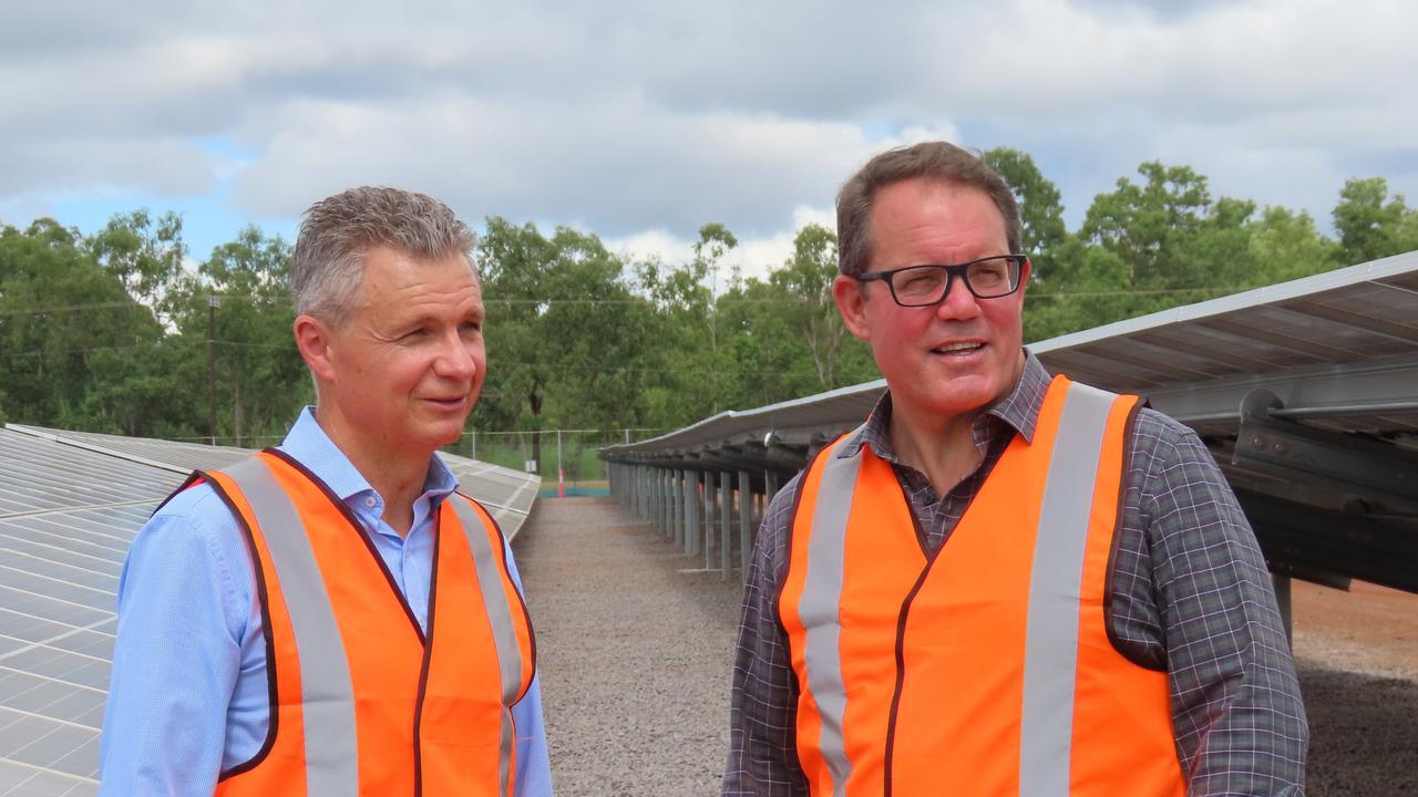 Assistant Minister for Defence Matt Thistlethwaite and Solomon MP Luke Gosling visited Robertson Barracks solar farm on Tuesday. Picture: Annabel Bowles