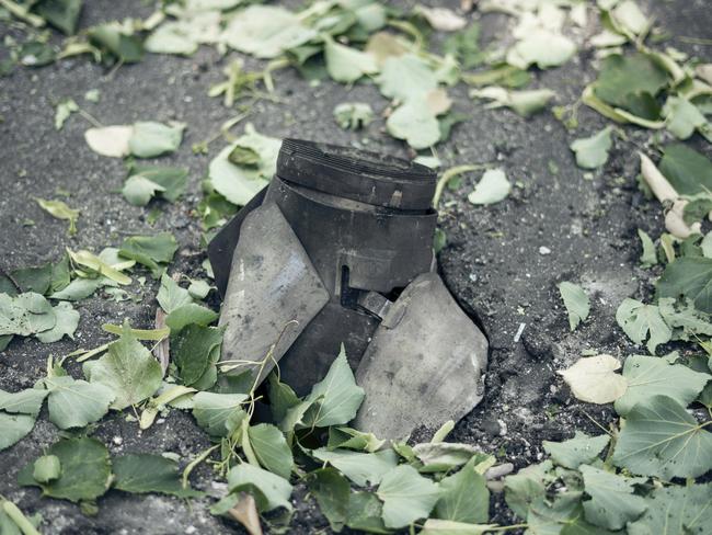 A fragment of a rocket is seen following a Russian strike on Sumy. Picture: AP /Yehor Kryvoruchko, Kordon Media
