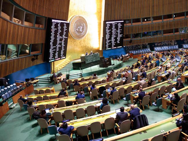 A screen show the vote results from the resolution "Peaceful settlement of the question of Palestine" at the General Assembly 46th plenary meeting on December 3, 2024, at UN headquarters in New York City. (Photo by Kena Betancur / AFP)