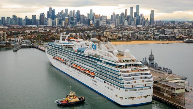 MELBOURNE, AUSTRALIA - SEPTEMBER 15: The Coral Princess arriving into Melbourne on September 15, 2022 in Melbourne, Australia. Princess Cruises' Coral Princess is the first cruise liner to sail into Melbourne after more than two years. (Photo by James D. Morgan/Getty Images for Princess Cruises)