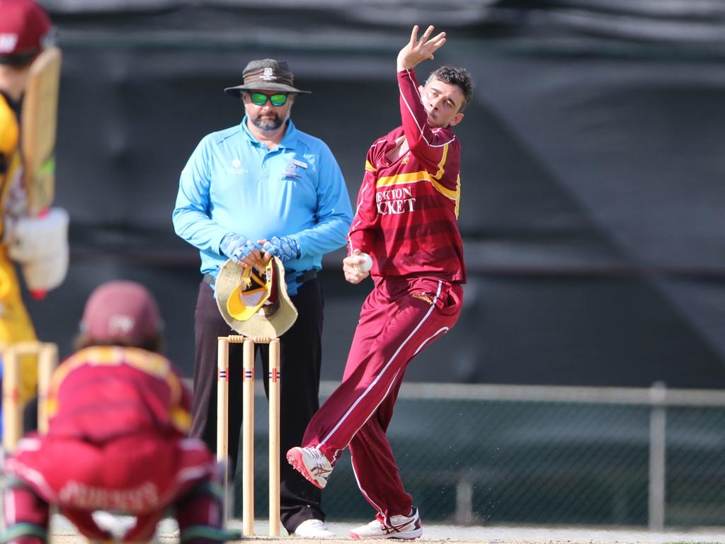 Atherton's Captain Thomas Boorman bowls in the match against Norths in Cricket Far North's first grade at Cazalys Stadium. Picture: Jake Garland