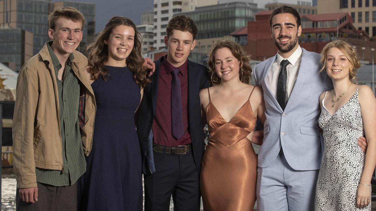 Hobart College leavers Dinner 2021 at the Hobart Function and Conference Centre, Max Richardson, Kate Poynter, Josh Hanigan, Sarah Fulton, Stavros Kalogeropoalos and Chloe Harrington. Picture: Chris Kidd