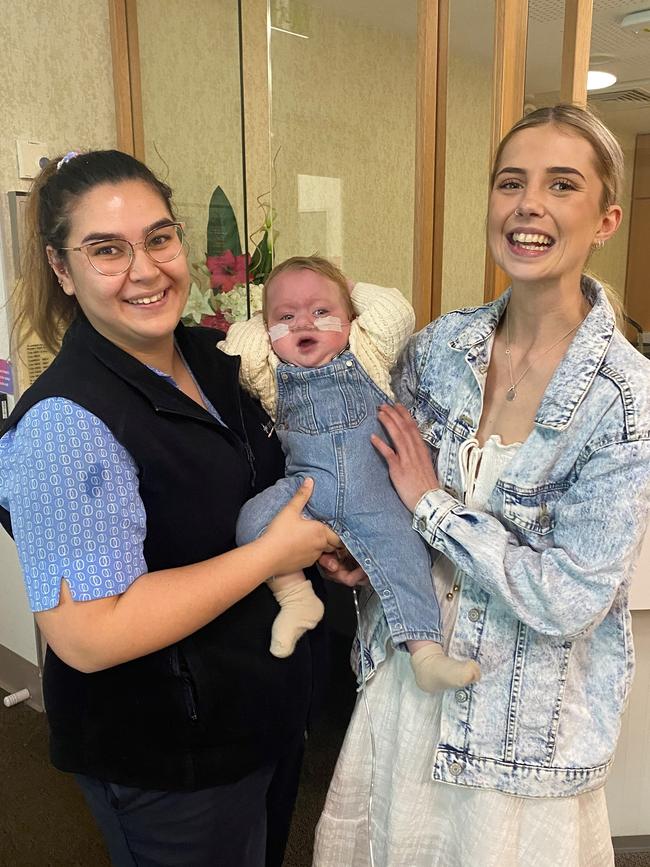 At birth, Ollie was one of the smallest babies cared for at Mater Mothers’ Neonatal Critical Care Unit, where he spent 159 days. Pictured with his mum Erika Brown (right) and Mater Hospital staff member. Picture: Supplied