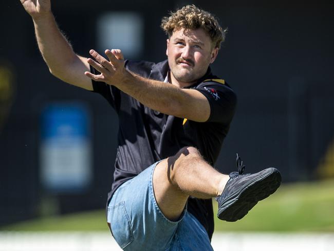 Dual Glenelg SANFL premiership player and former Sydney Swan Will Gould kicking a  football at Glenelg oval.Tuesday,October,30,2024.Picture Mark Brake