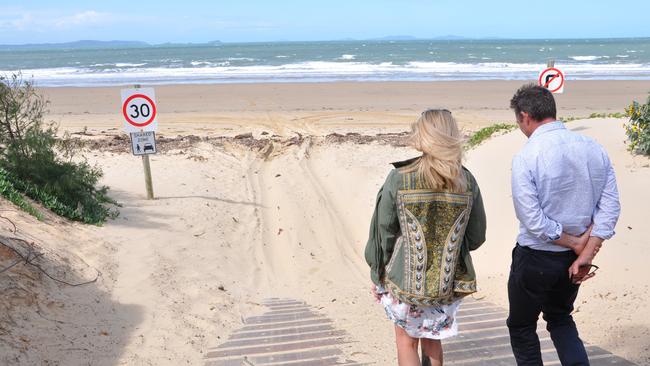 Cr Adam Belot (right) and Clair Fitzpatrick walk the steep incline at the Bangalee access to Farnborough Beach. FILE PHOTO.