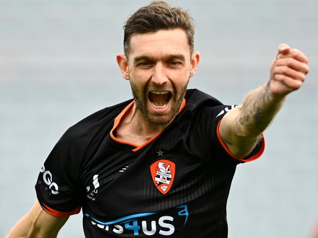 AUCKLAND, NEW ZEALAND - APRIL 16: James O'Shea of the Brisbane Roar celebrates after scoring a goal during the round 24 A-League Men's match between Wellington Phoenix and Brisbane Roar at Eden Park, on April 16, 2023, in Auckland, New Zealand. (Photo by Hannah Peters/Getty Images)