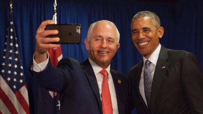 Malcolm Turnbull and Barack Obama take a selfie. Picture: Instagram.