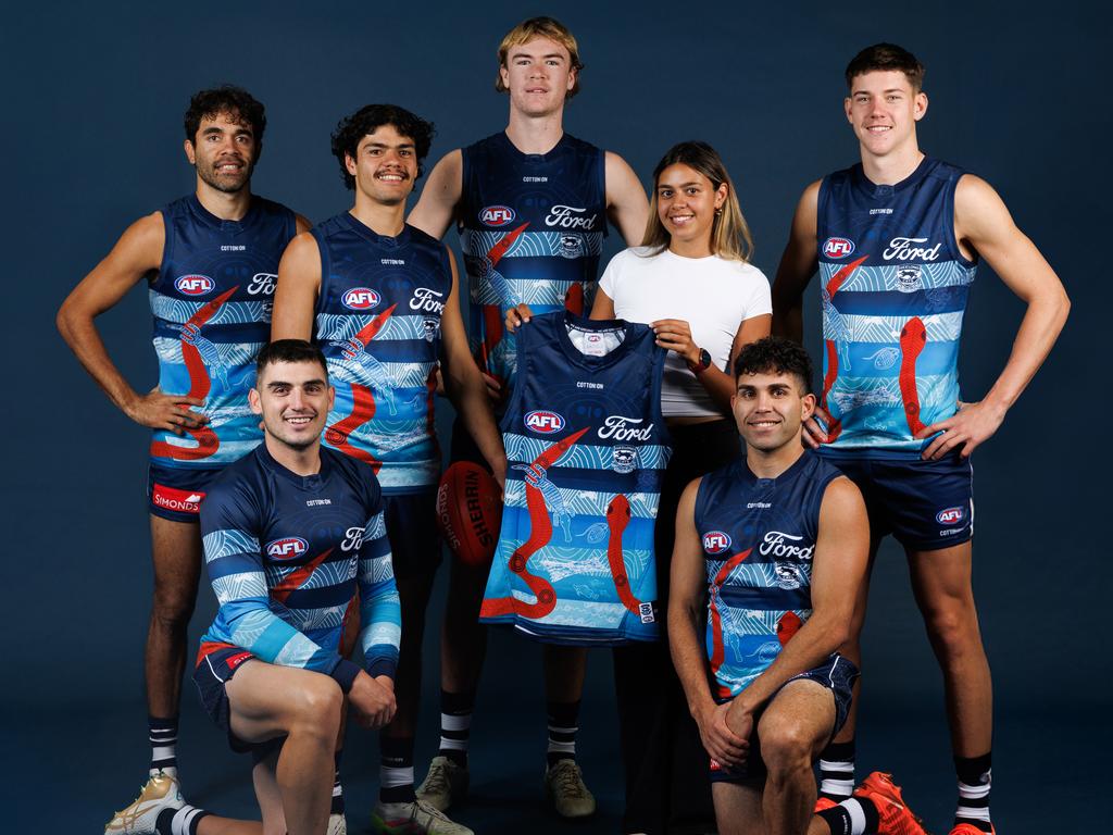 Geelong's indigenous jersey for 2025 worn by Jack Martin, Lawson Humphries, Mitch Edwards, Connor O’Sullivan, Shaun Mannagh and Tyson Stengle, and designed by Meeza Humphries (middle). Picture: Geelong Cats
