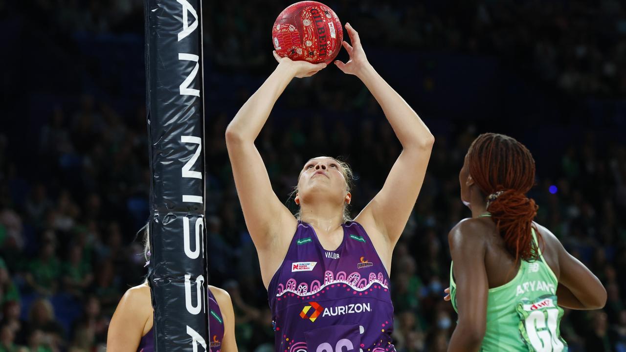 Donnell Wallam of the Firebirds shoots during the round 12 Super Netball match between West Coast Fever and Queensland Firebirds at RAC Arena. Picture: Getty Images