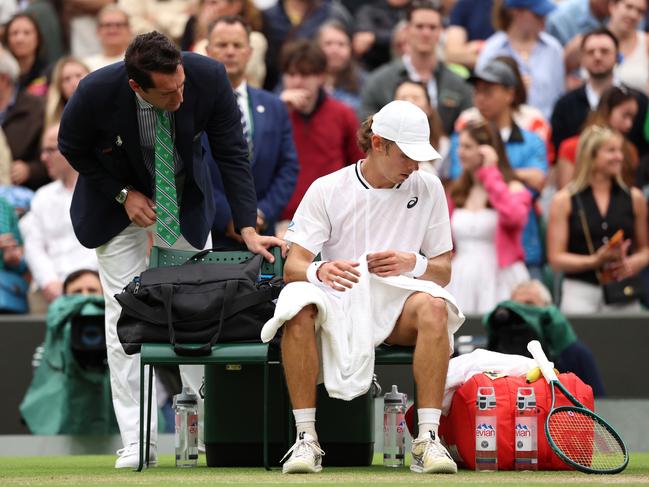 LONDON, ENGLAND - JULY 08: Alex de Minaur of Australia reacts following victory against Arthur Fils of France in his Gentlemen's Singles fourth round match during day eight of The Championships Wimbledon 2024 at All England Lawn Tennis and Croquet Club on July 08, 2024 in London, England. (Photo by Sean M. Haffey/Getty Images)