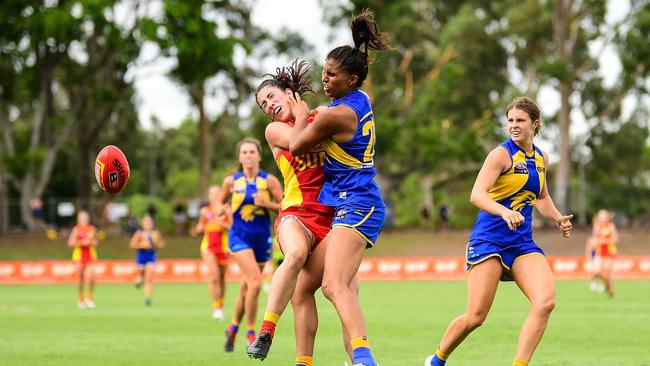 PERTH, AUSTRALIA - MARCH 15: Cheyenne Hammond of the Suns collides with Chantella Perera of the Eagles during the 2020 AFLW Round 06 match between the West Coast Eagles and the Gold Coast Suns at Mineral Resources Park on March 15, 2020 in Perth, Australia. (Photo by Daniel Carson/AFL Photos via Getty Images)