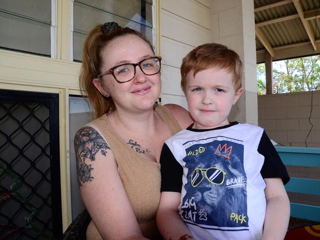 Willow Howarth and son Tayte Crisafulli, 6, at their new home in Ingham today. Picture: CAMERON BATES