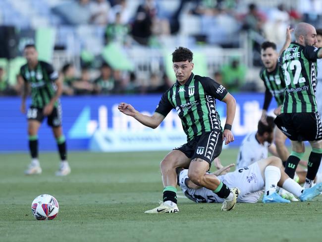 Jake Najdovski of Western United passes the ball during the round seven A-League Men match between Western United and Macarthur FC at Ironbark Fields.