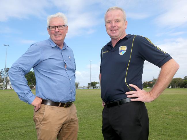 Sports Gold Coast chairman Geoff Smith with Gold Coast United chairman Danny Maher. Picture: Mike Batterham