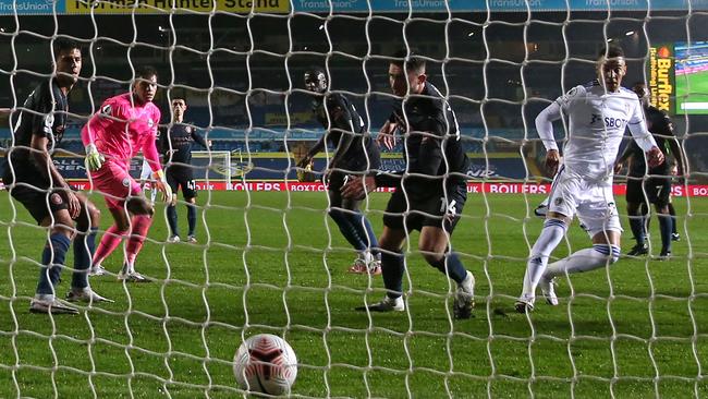 Leeds striker Rodrigo punishes a mistake by Manchester City goalkeeper Ederson