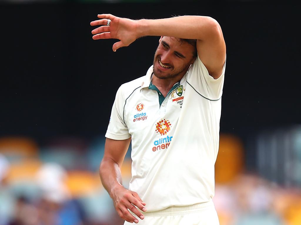 Australia's paceman Mitchell Starc bowling at the Gabba.